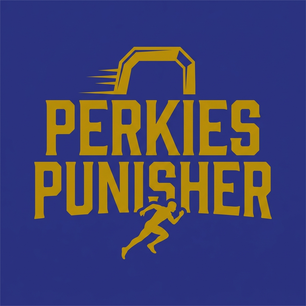 Perkies Punisher official event logo in gold block typography on a deep blue background with a running athlete silhouette and a stylized finish archway.