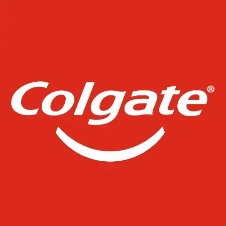 Colgate official corporate logo with white cursive text and smile graphic on a vibrant solid red background canvas.
